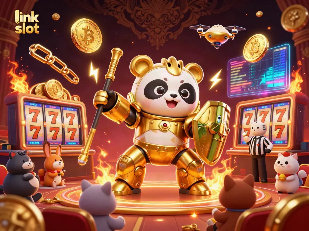 Spin to win with link slot in a vibrant casino arena featuring dynamic characters and jackpot elements.