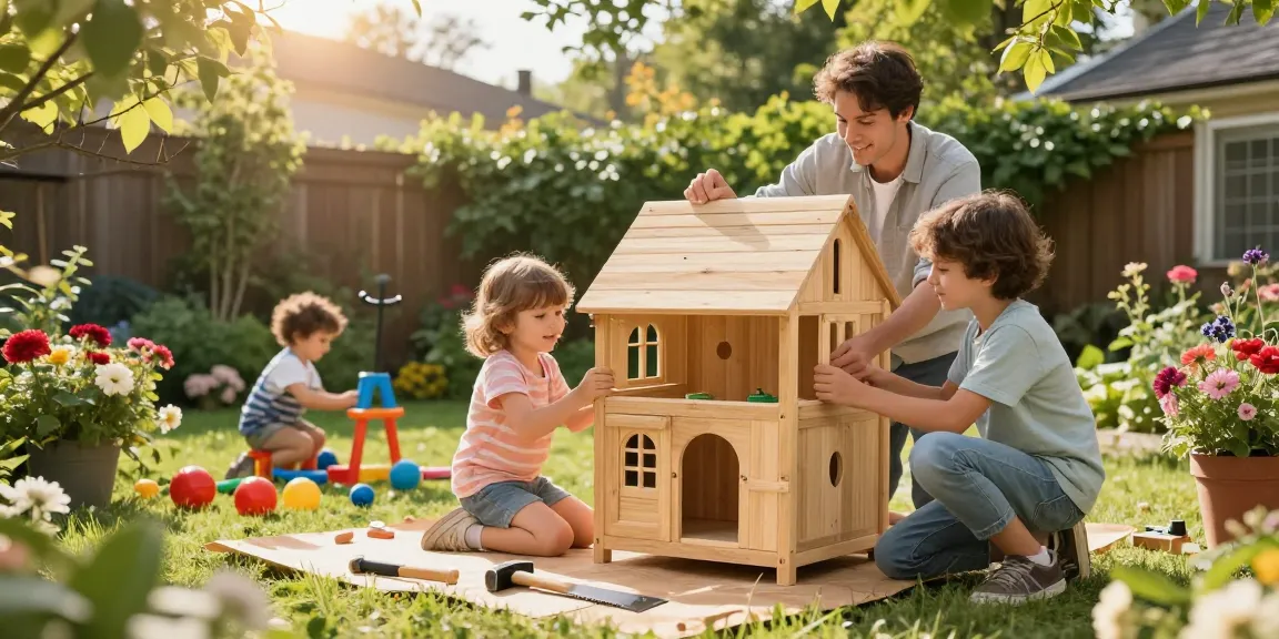 Gartenhaus kaufen: Familie baut gemeinsam ein charmantes Gartenhaus im Garten auf.