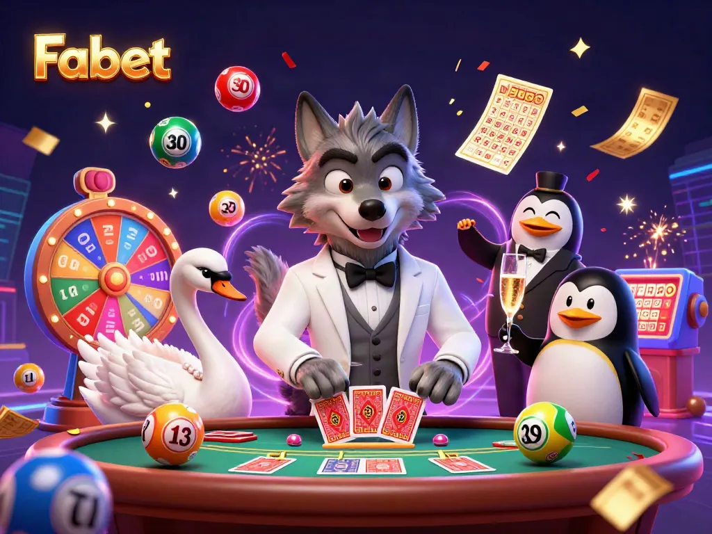 Experience Fabet with a vivid 3D scene of animated characters at a baccarat table, celebrating wins.