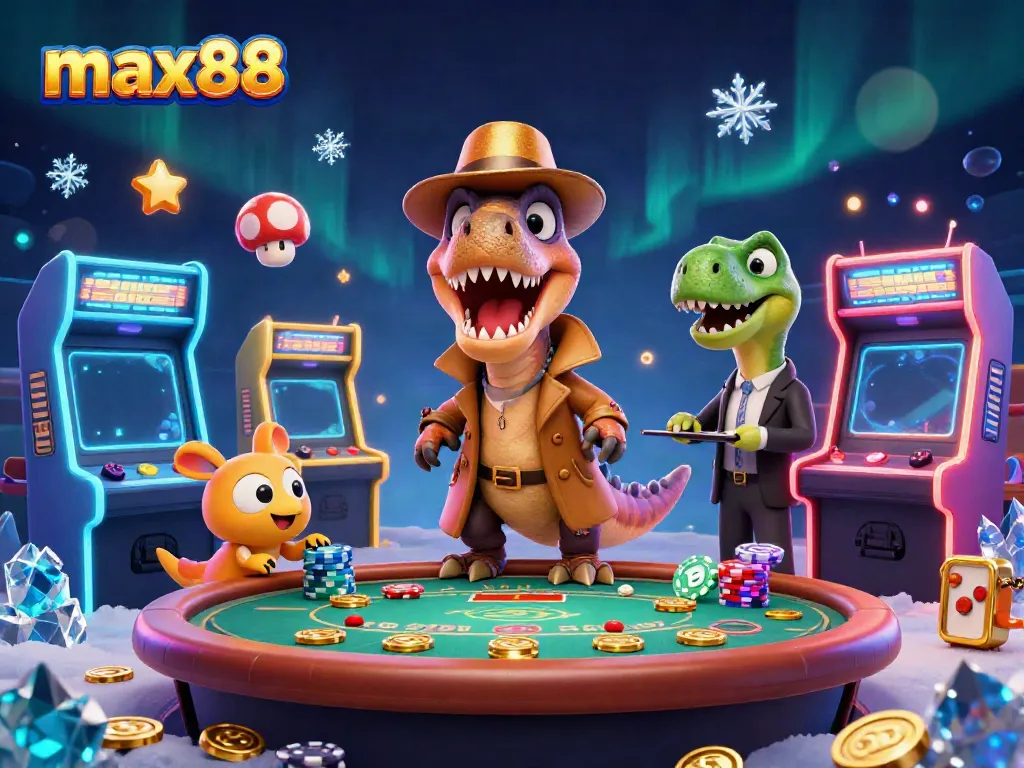 Experience thrilling gameplay at max88 with 3D velociraptor card counter in a vibrant casino illustration.