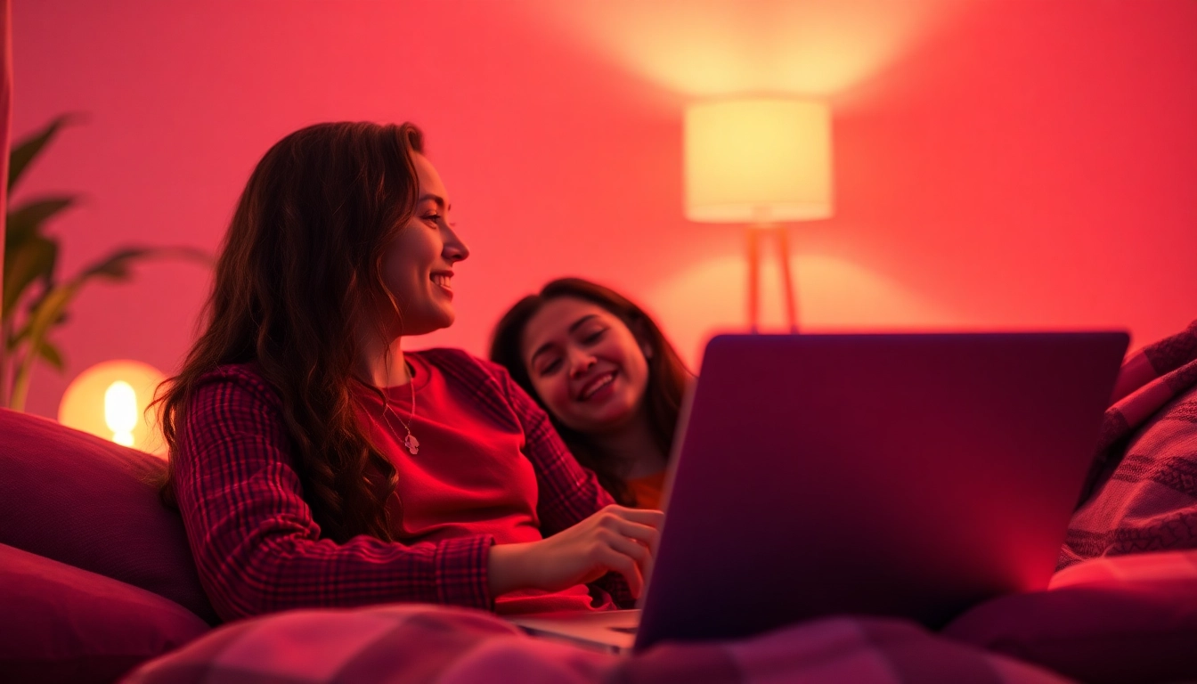Engaging sex chat scene with warm lighting and cozy atmosphere, featuring animated chat bubbles.