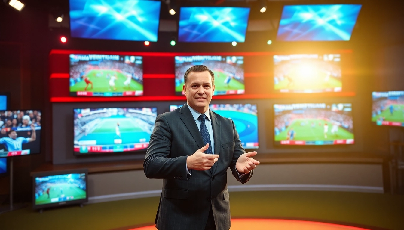Engaging sports broadcasting setup highlighting a dynamic anchor delivering live sports updates.