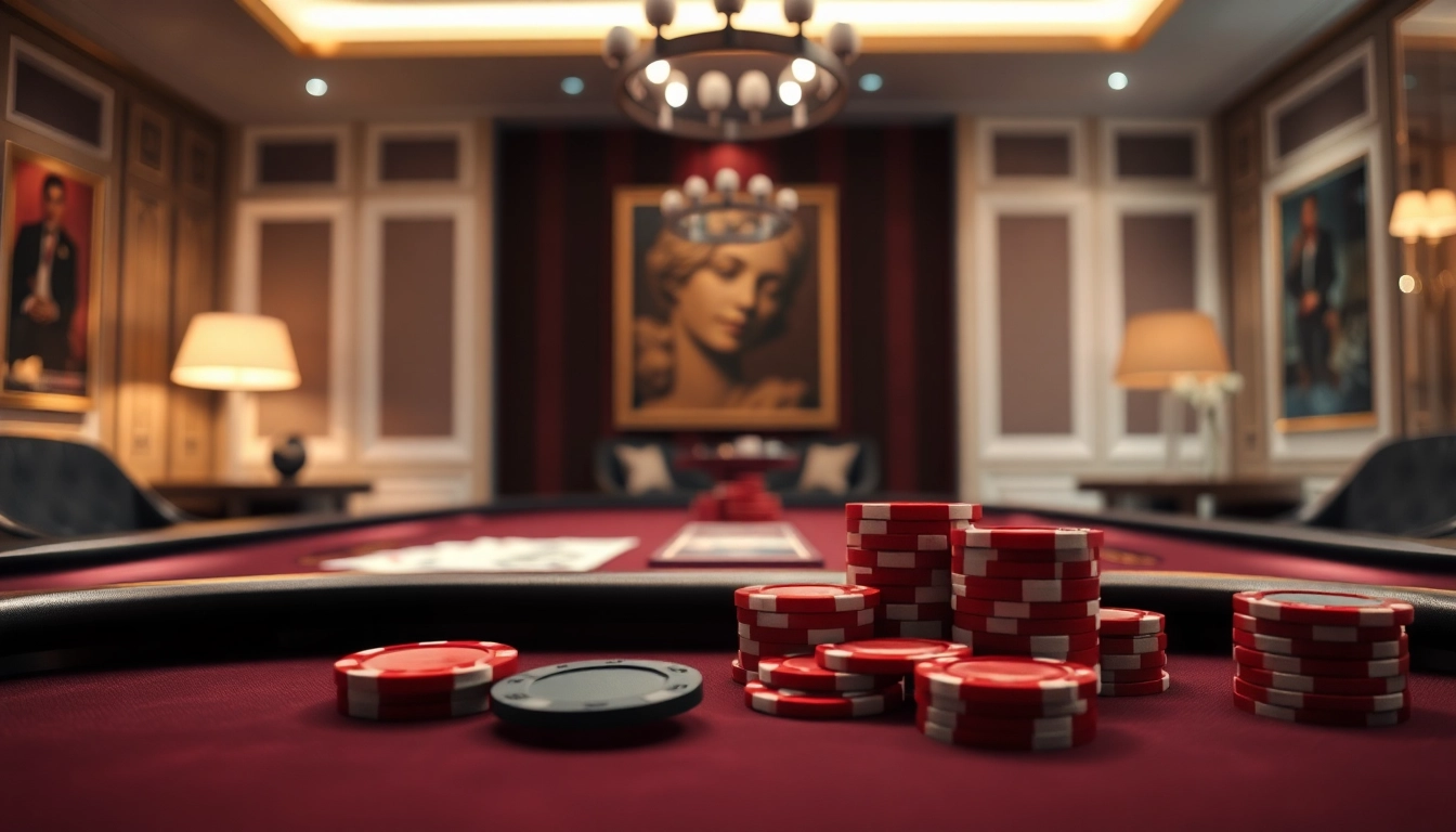 Online casino játékasztal póker zsetonokkal és kártyákkal, elegáns környezetben.