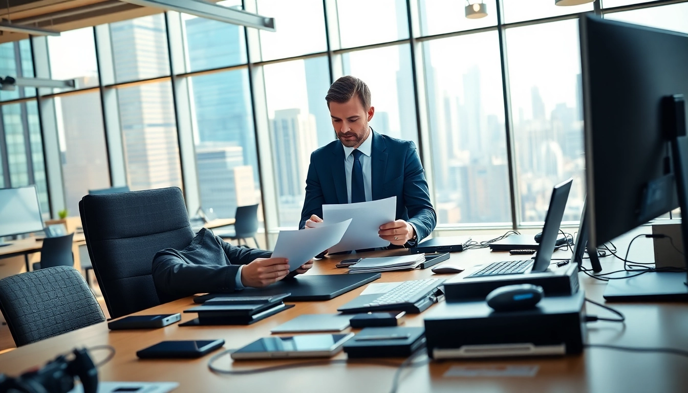 Headhunter IT evaluiert Lebensläufe in einem modernen Büro mit Stadtblick.
