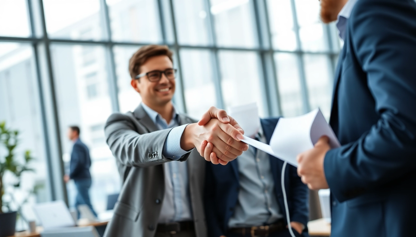 Headhunter Ingenieure präsentiert Vertrauen durch einen kräftigen Händedruck in einem modernen Büro.