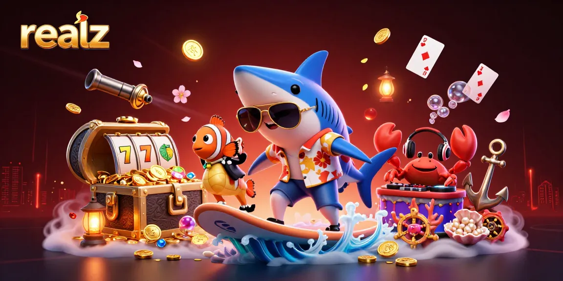 Experience realz casino excitement with a shark surfing on gold coins amidst vibrant gaming elements.